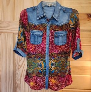 Colorful shirt with denim trim